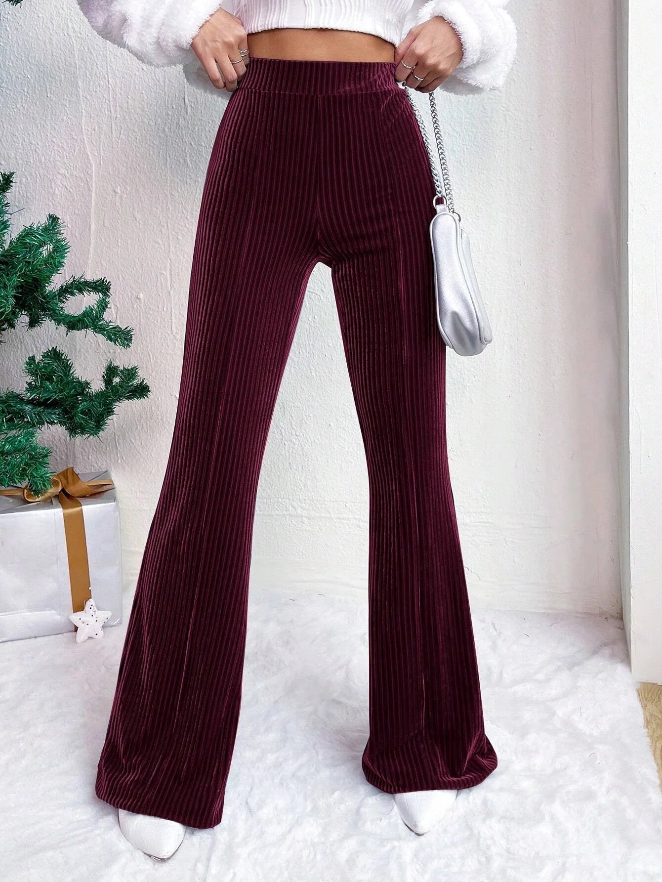 Women's High‑Waisted Corduroy Bell‑Bottom Wide‑Leg Casual Solid Pants