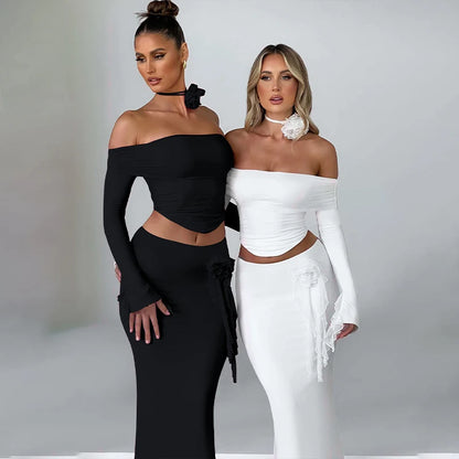 UNIKCOSA Women’s Ruffled 2-Piece Evening Set – Cropped Tube Top & Long Skirt Outfit (Elegant Party 2025 Edition)