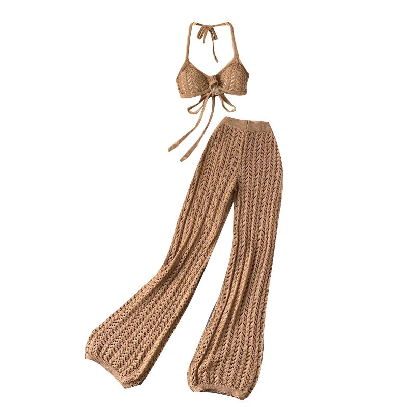 UNIKCOSA Women’s Seaside Set – Bikini Halter Top & Hollow-Knit Wide-Leg Pants (Summer Holiday Edition)