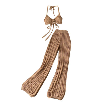 UNIKCOSA Women’s Seaside Set – Bikini Halter Top & Hollow-Knit Wide-Leg Pants (Summer Holiday Edition)