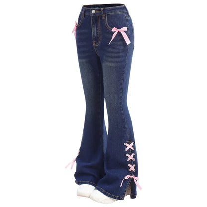 Stylish Bow Tie Denim Wide Leg Pants for Women