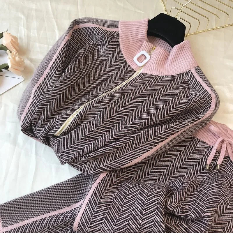 UNIKCOSA Women’s Knitted 2-Piece Festival Set – Printed 3D Tracksuit with Stand Collar & Ankle Pants