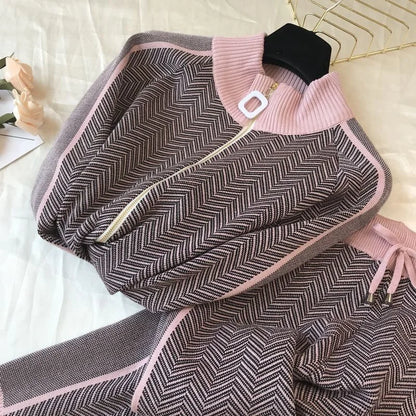UNIKCOSA Women’s Knitted 2-Piece Festival Set – Printed 3D Tracksuit with Stand Collar & Ankle Pants