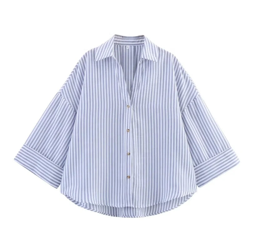 European American Style Women's Striped Collared Wide Sleeve Shirt