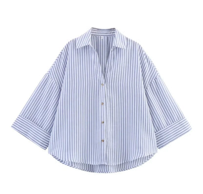 European American Style Women's Striped Collared Wide Sleeve Shirt