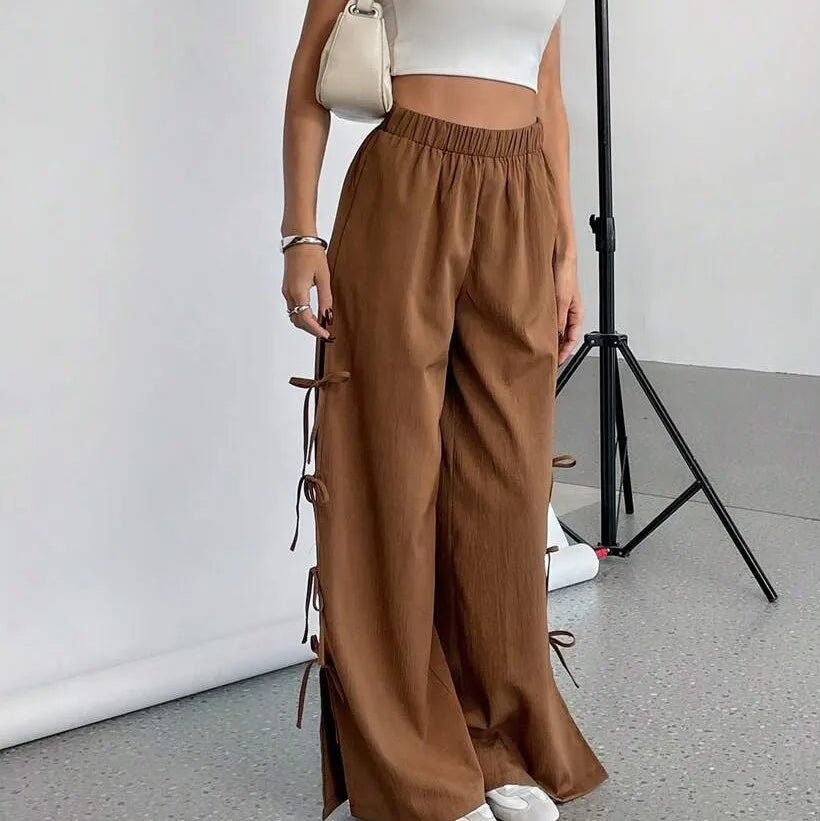 Women's Bow-Detail Contrast Color Sport Pants – Casual Commuter Trousers