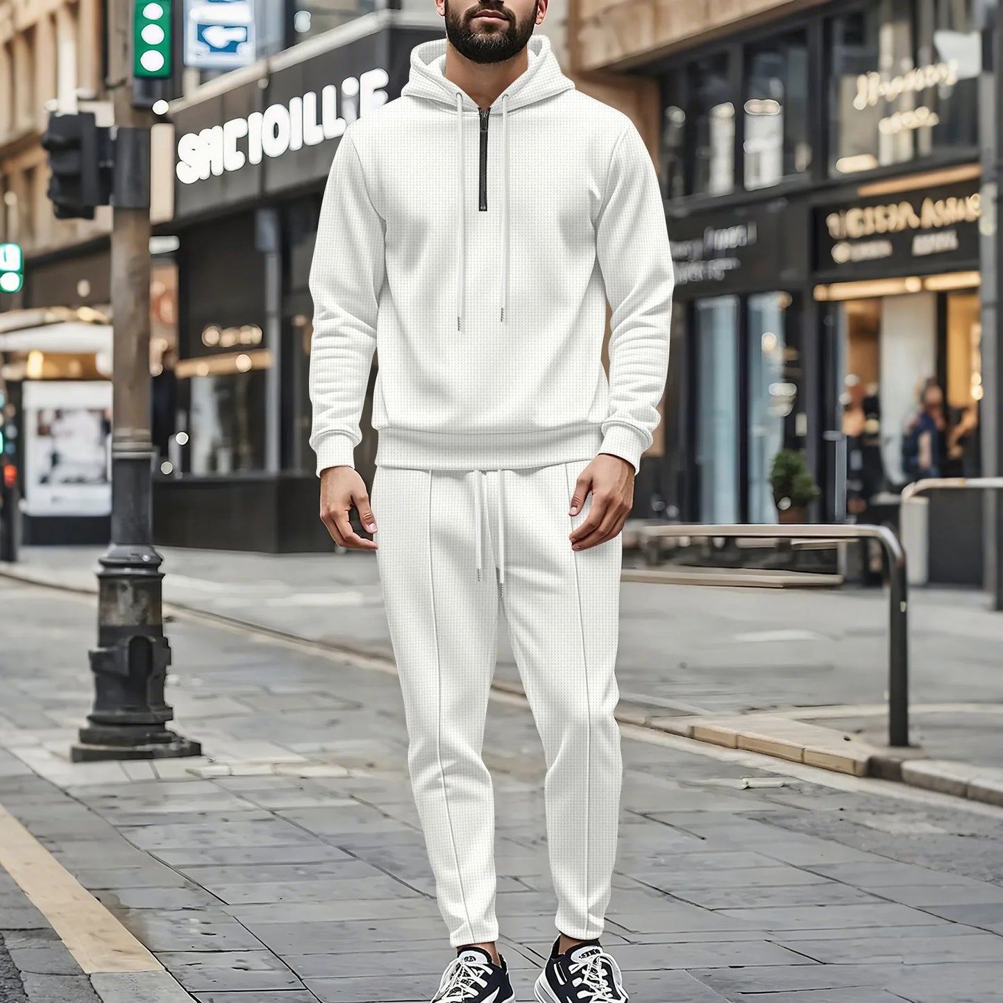 UNIKCOSA Men’s Athleisure Hoodie Set – Quarter-Zip Hooded Top & Jogger Pants (220 GSM Gymwear Two-Piece Outfit)