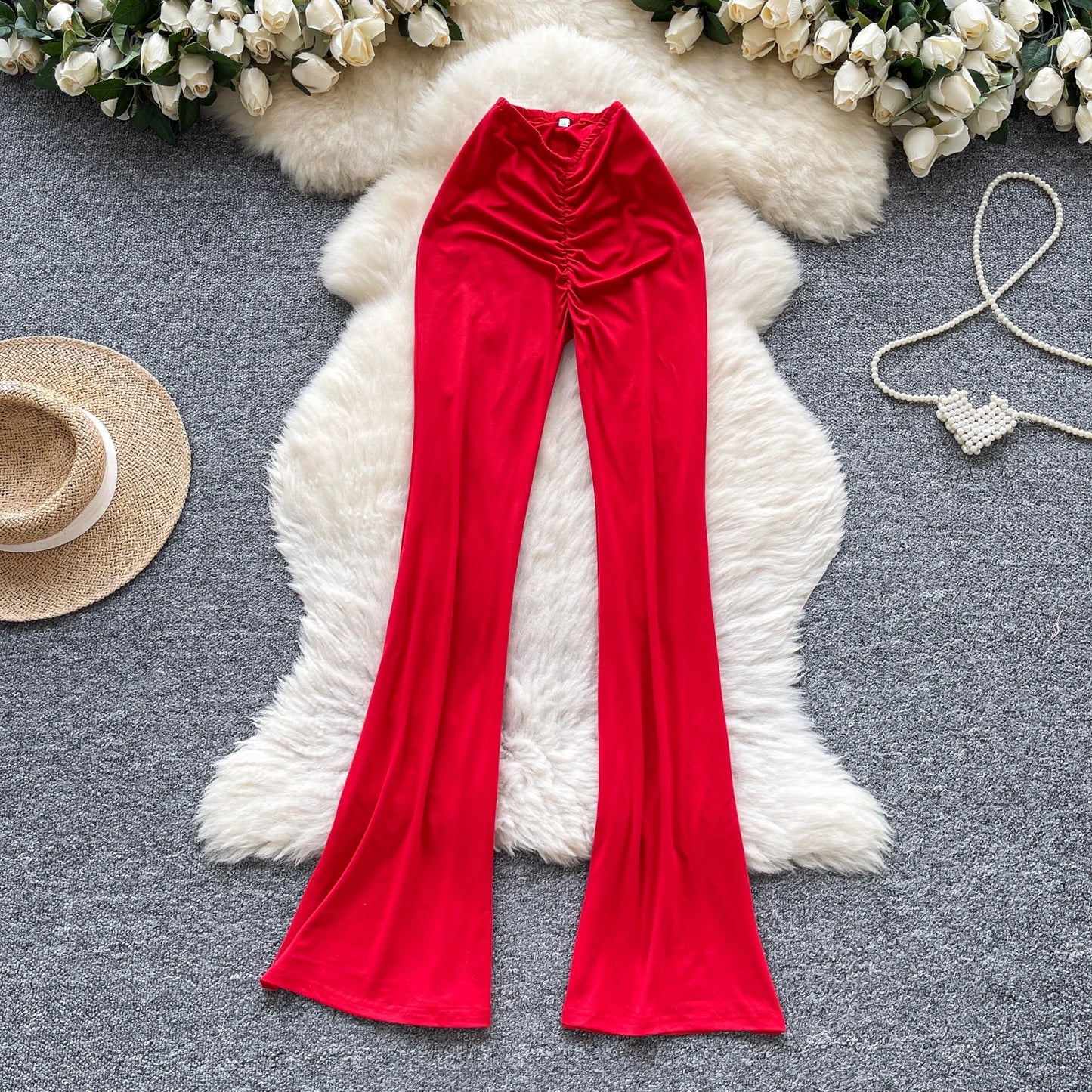 Summer Y2K Long Pants Women Solid Wrinkled High Waist Trousers Girls Flare Pants Wholesale