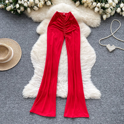 Summer Y2K Long Pants Women Solid Wrinkled High Waist Trousers Girls Flare Pants Wholesale