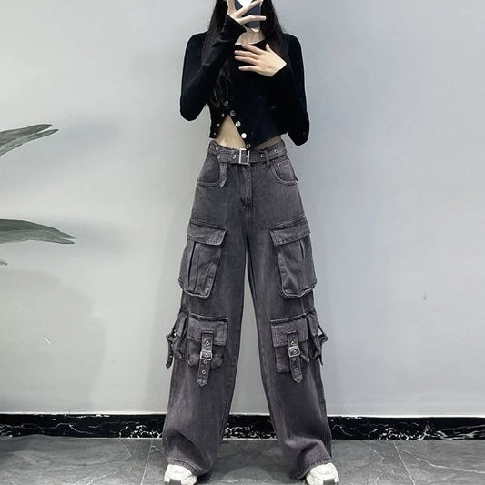 Multi-Pocket Black Women's Workwear High-Waisted Loose Denim Jeans