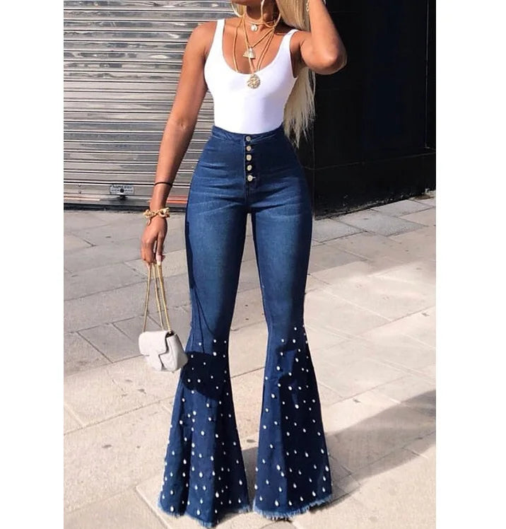 UNIKCOSA Women’s Beaded Bell-Bottom Jeans – Elastic High-Waist Wide-Leg Denim (Wholesale Edition)