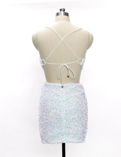 Solid Color Women's Beaded Spaghetti Strap Dress women crystal diamond dress Sequin Skirt