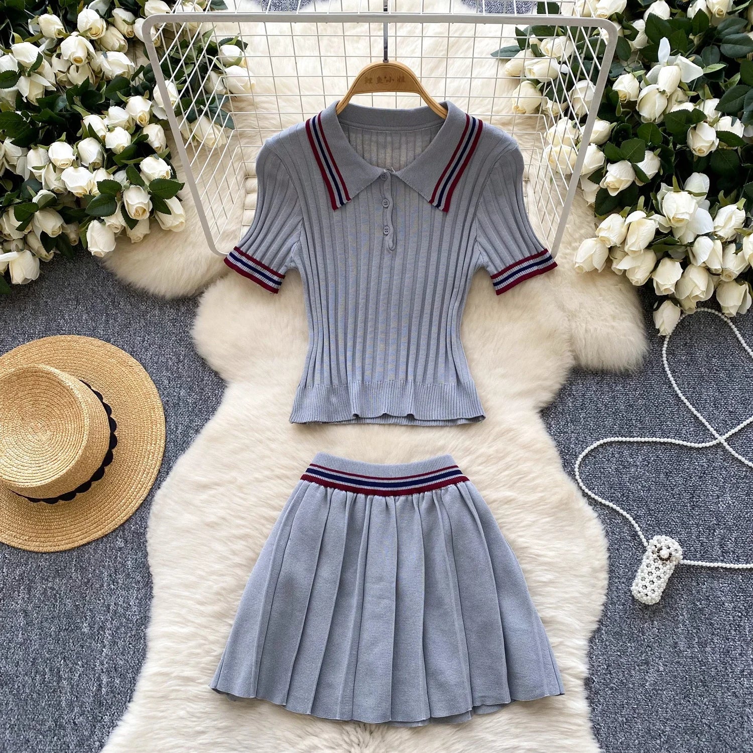 Vintage Women's Knitted Top and High Waist Skirt Set