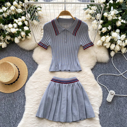 Vintage Women's Knitted Top and High Waist Skirt Set