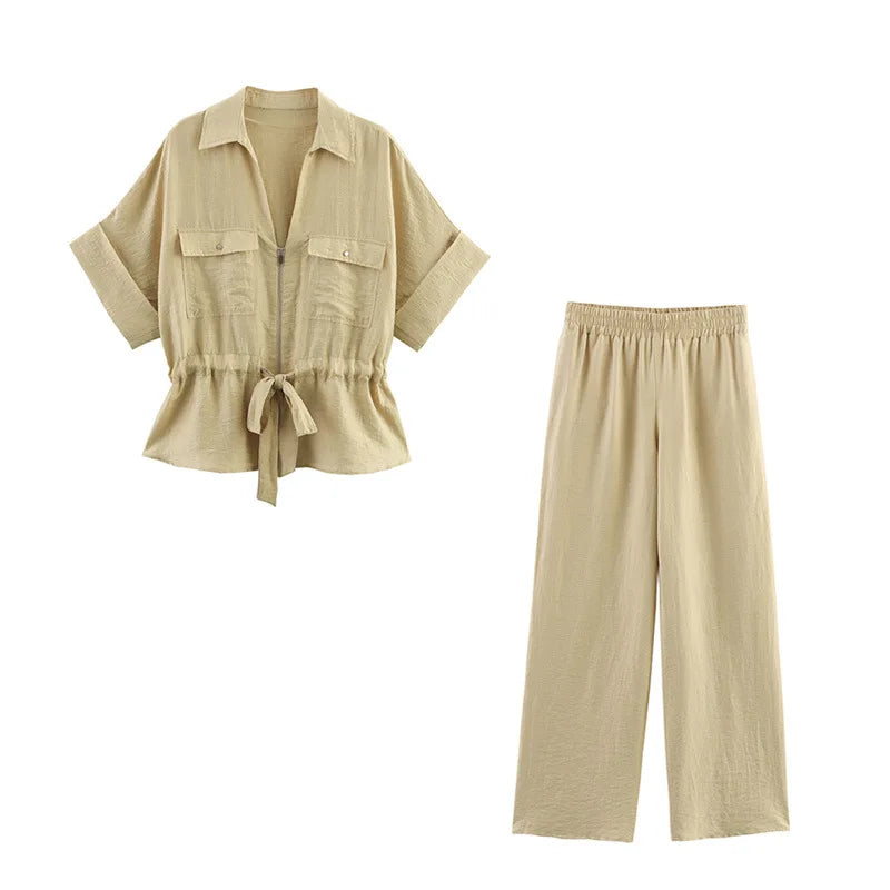 Women's Summer Casual Tie-Waist Shirt and Wide-Leg Pants Set