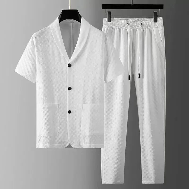 UNIKCOSA Men’s Printed Two-Piece Set – Short Sleeve Shirt & Pants with Solid Geometry Pattern (Spring/Summer 2024 Edition)