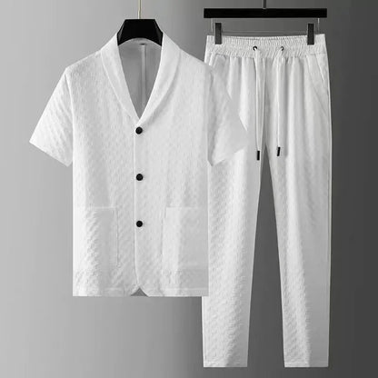 UNIKCOSA Men’s Printed Two-Piece Set – Short Sleeve Shirt & Pants with Solid Geometry Pattern (Spring/Summer 2024 Edition)