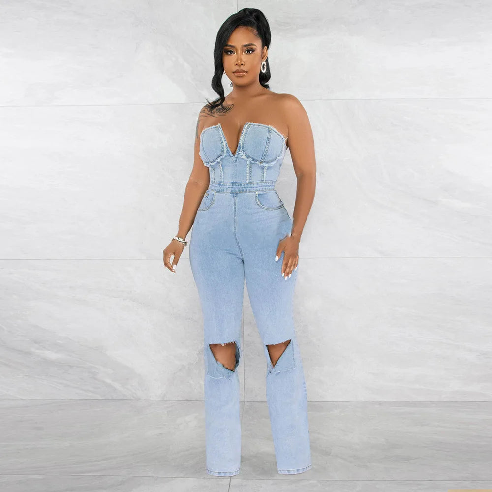 UNIKCOSA UrbanSoul Denim Cargo Jumpsuit Strapless Top 💫