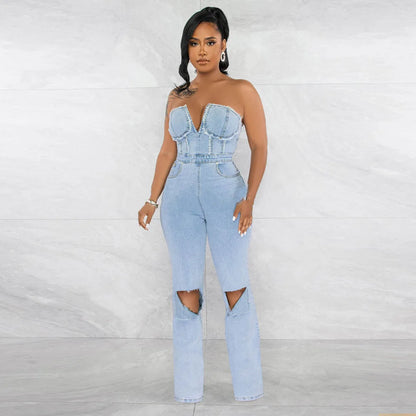 UNIKCOSA UrbanSoul Denim Cargo Jumpsuit Strapless Top 💫