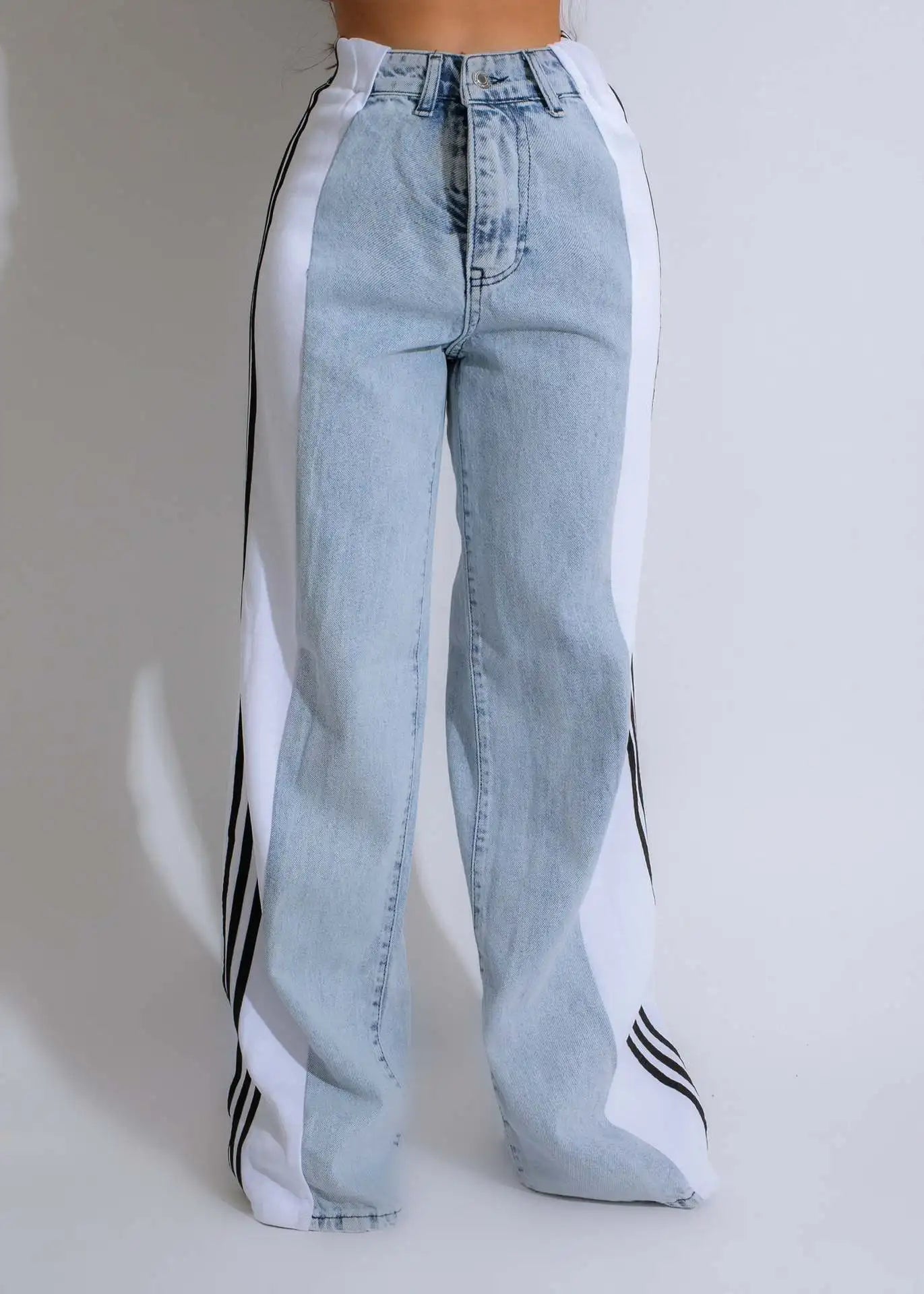 UNIKCOSA Women’s Palazzo Wide-Leg Jeans – High-Waist Retro Loose Fit Denim with Three Stripe Detail (Streetwear Edition)