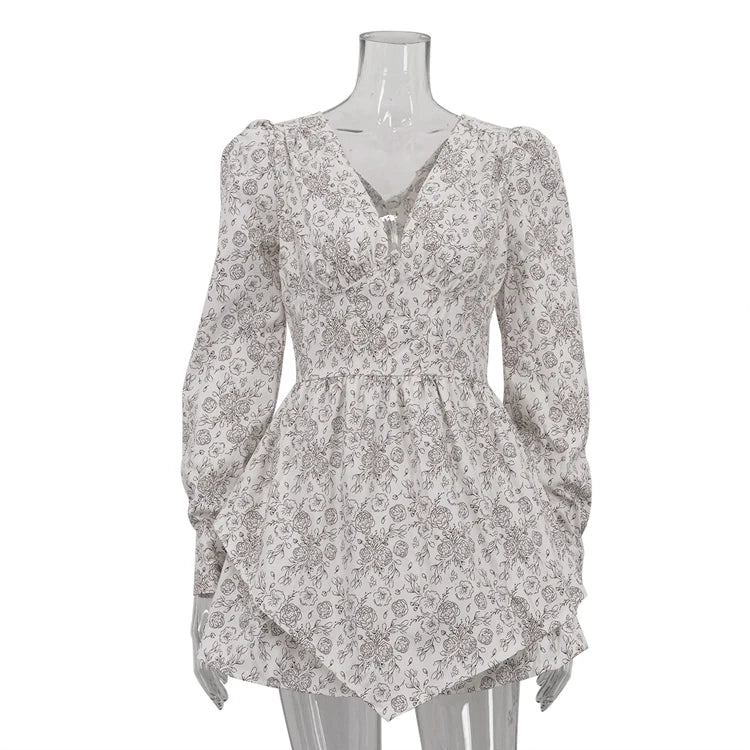 UNIKCOSA Women’s Floral V-Neck Dress – High Waist Long Sleeve Short Dress with Back Zip (Summer 2025 Edition)