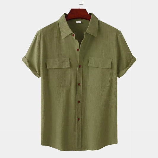 Men's Summer Cotton Short Sleeve Stand Collar Shirt – Casual Solid Color
