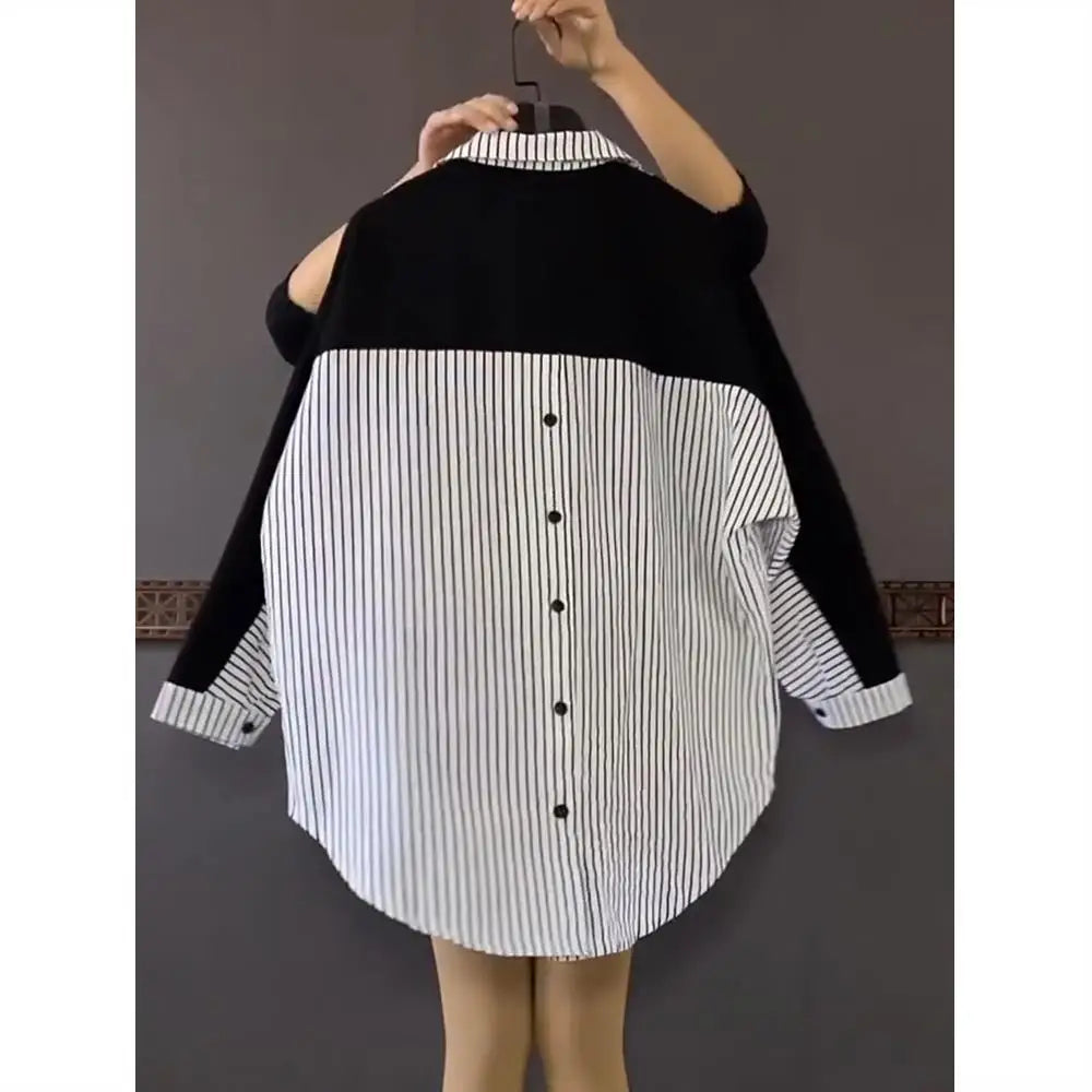 UNIKCOSA Women’s Oversized Striped Shirt – 2023 Spring Loose-Fit Medium-Length Daily Top (Casual Chic Edition)