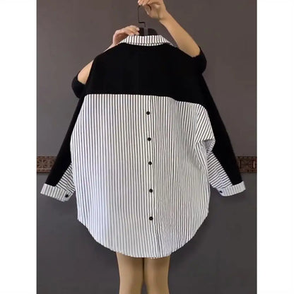 UNIKCOSA Women’s Oversized Striped Shirt – 2023 Spring Loose-Fit Medium-Length Daily Top (Casual Chic Edition)