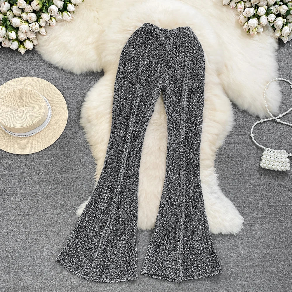 Summer Diamond Leopard Print High Waist Flare Pants for Women