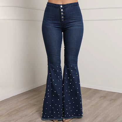 UNIKCOSA Women’s Beaded Bell-Bottom Jeans – Elastic High-Waist Wide-Leg Denim (Wholesale Edition)