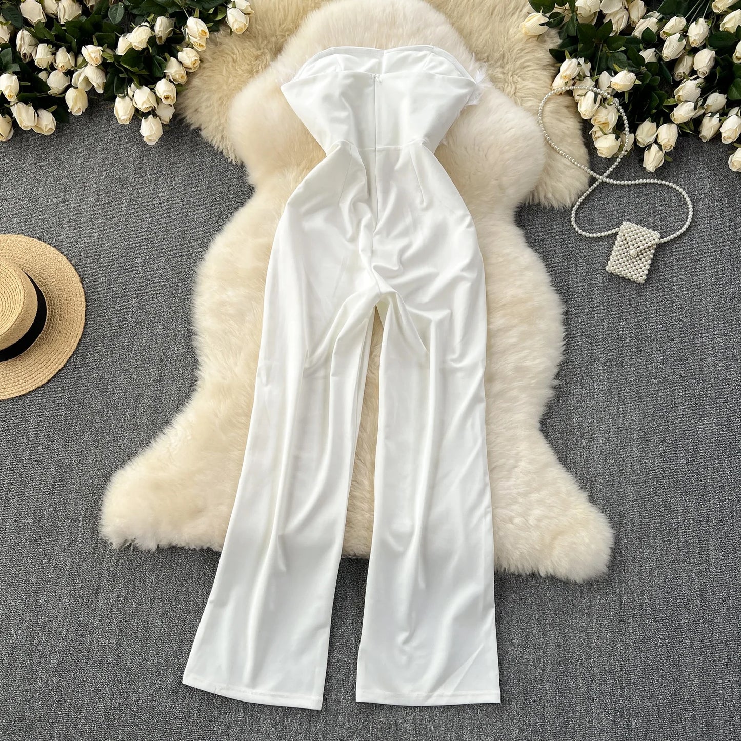 UNIKCOSA Women’s White Feather Jumpsuit – Summer Sleeveless Slim Fit One-Piece (Elegant Statement Edition)