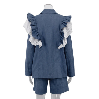 UNIKCOSA Women’s Denim Suit Set – Ruffled Blazer & Shorts 2-Piece Streetwear Outfit (2024 Urban Fashion Edition)