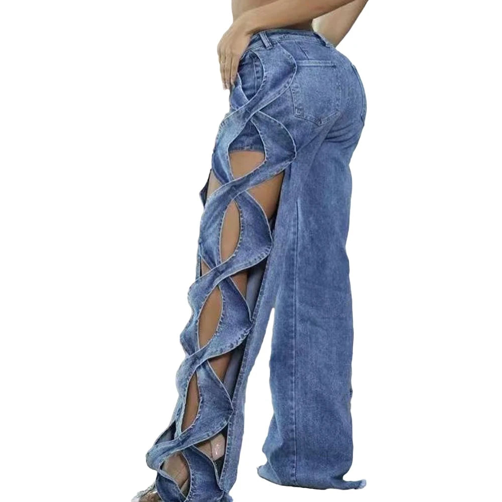 Women's Side Hollow S Line Denim Patchwork Pants