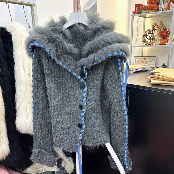 UNIKCOSA Velora Faux Fur V Neck Sweater Coat Slim Fit 💫