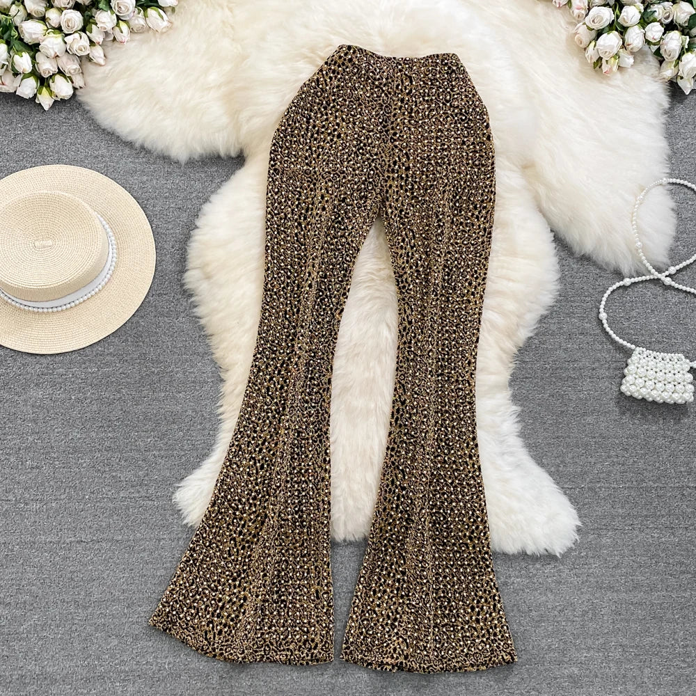 Summer Diamond Leopard Print High Waist Flare Pants for Women