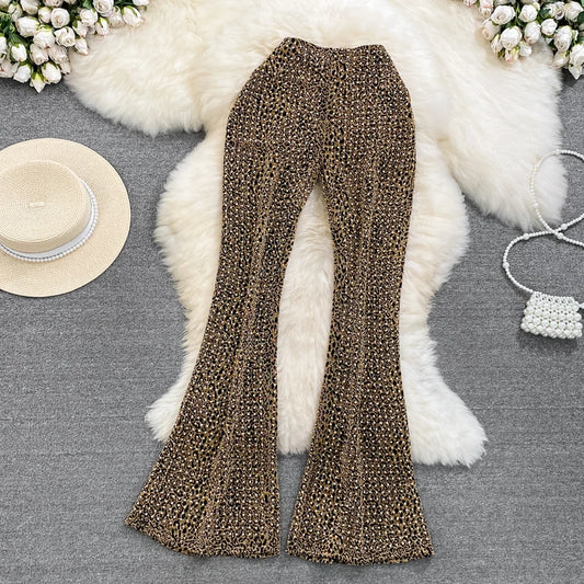 Summer Diamond Leopard Print High Waist Flare Pants for Women