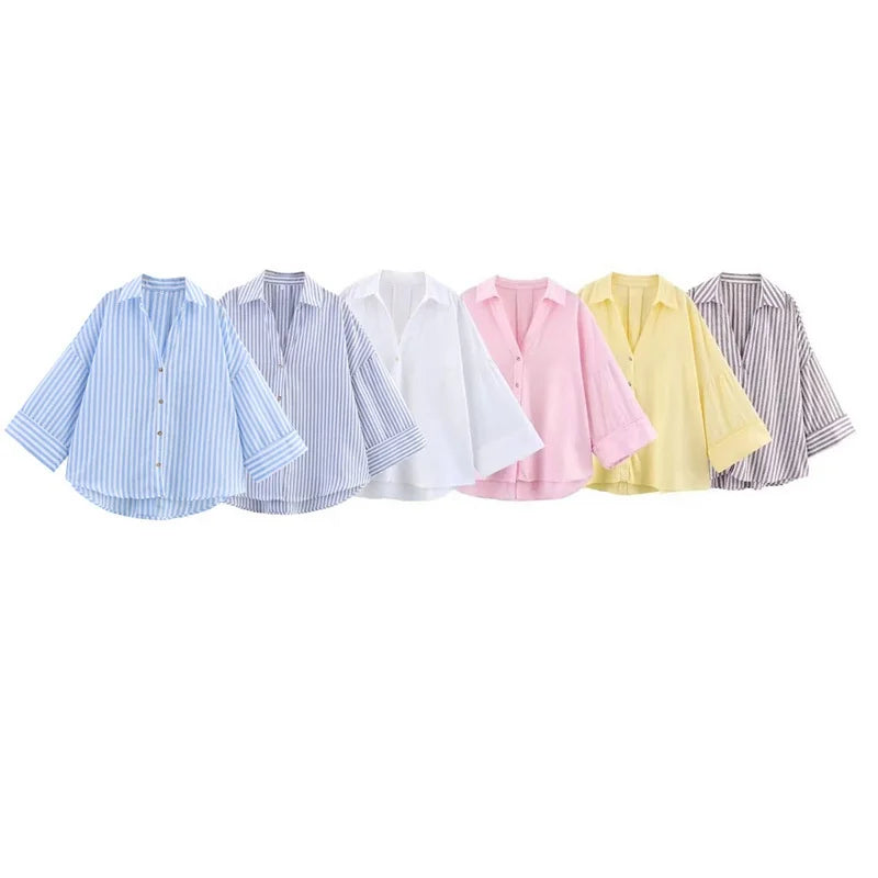 European American Style Women's Striped Collared Wide Sleeve Shirt