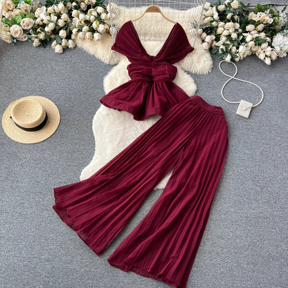 UNIKCOSA Women’s Elegant Summer Set – Pleated Chiffon Sleeveless Top & High-Waist Wide-Leg Pants (High-End Edition)