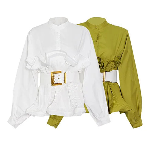 Women Fall Blouse with Puff Sleeves, Lantern Details & Chic Belted Design