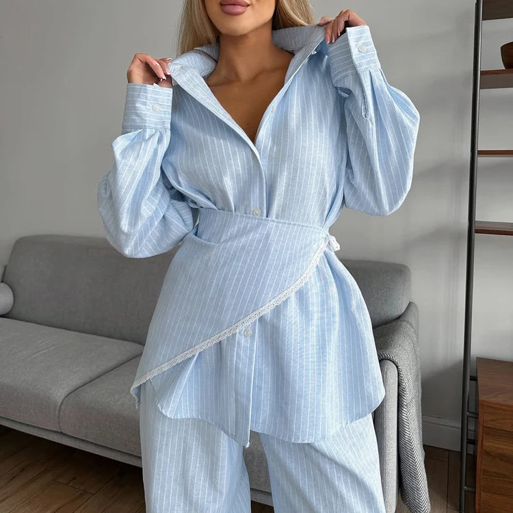 UNIKCOSA Women’s 3-Piece Lounge Set – Striped Wrap Shirt, Pants & Lace Trim Cami Pajamas (Fall 2025 Edition)