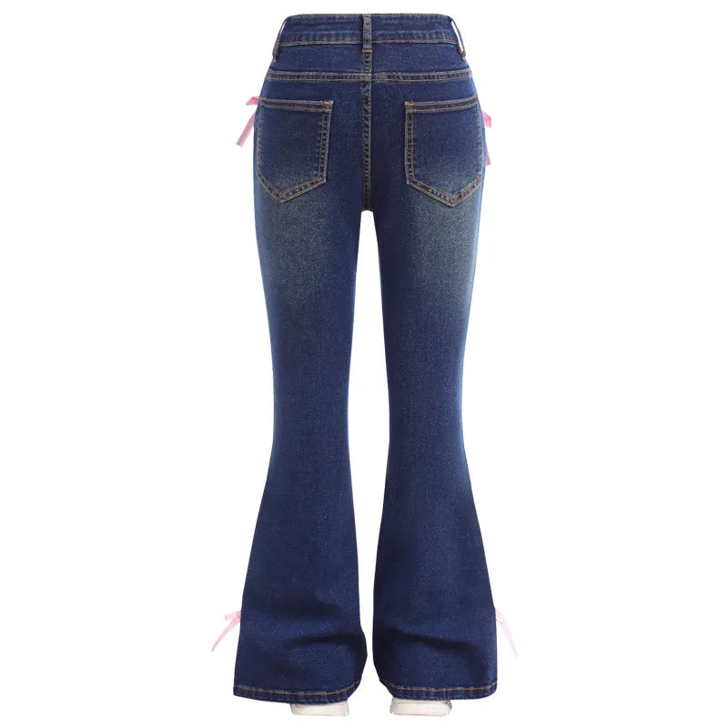 Stylish Bow Tie Denim Wide Leg Pants for Women
