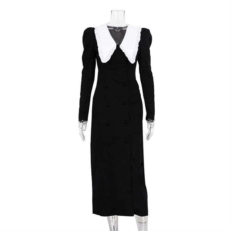 UNIKCOSA Women’s Black Midi Dress – Patchwork Color Contrast Double-Breasted Cotton Long Sleeve Dress (Spring 2025 Edition)