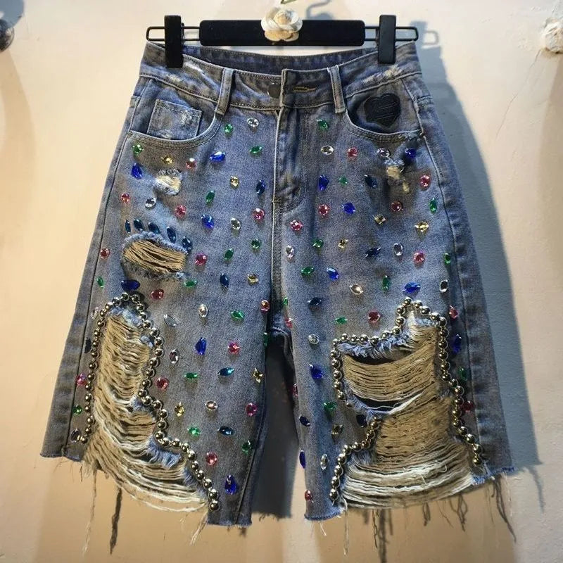 Heavy Industry Diamond-Studded Beaded Ripped Tassel High-Waisted Women’s Denim Shorts