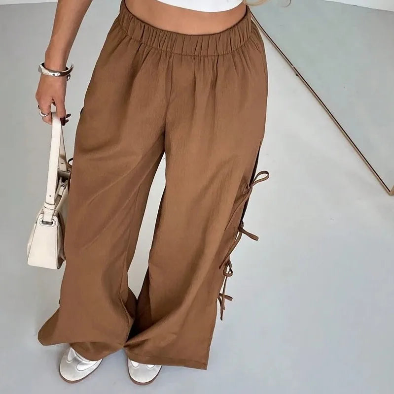 Women's Bow-Detail Contrast Color Sport Pants – Casual Commuter Trousers