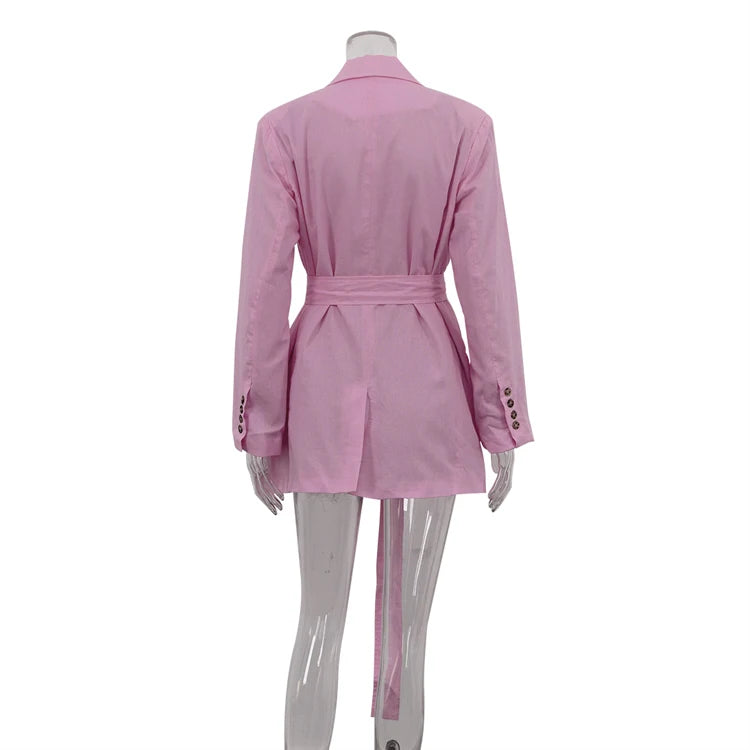 UNIKCOSA Women’s Pink Blazer Dress – Shoulder Padded Belted Ramie Cotton Long Sleeve Dress (Summer 2025 Edition)