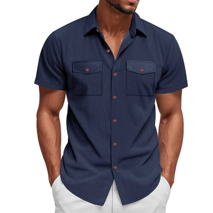 Men's Casual Corduroy Short Sleeve Cargo Shirt Loose Fit