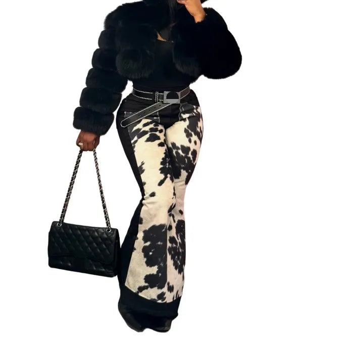 Hot Stretch Flare Denim Pants for Women – High‑Waist Printed Trousers