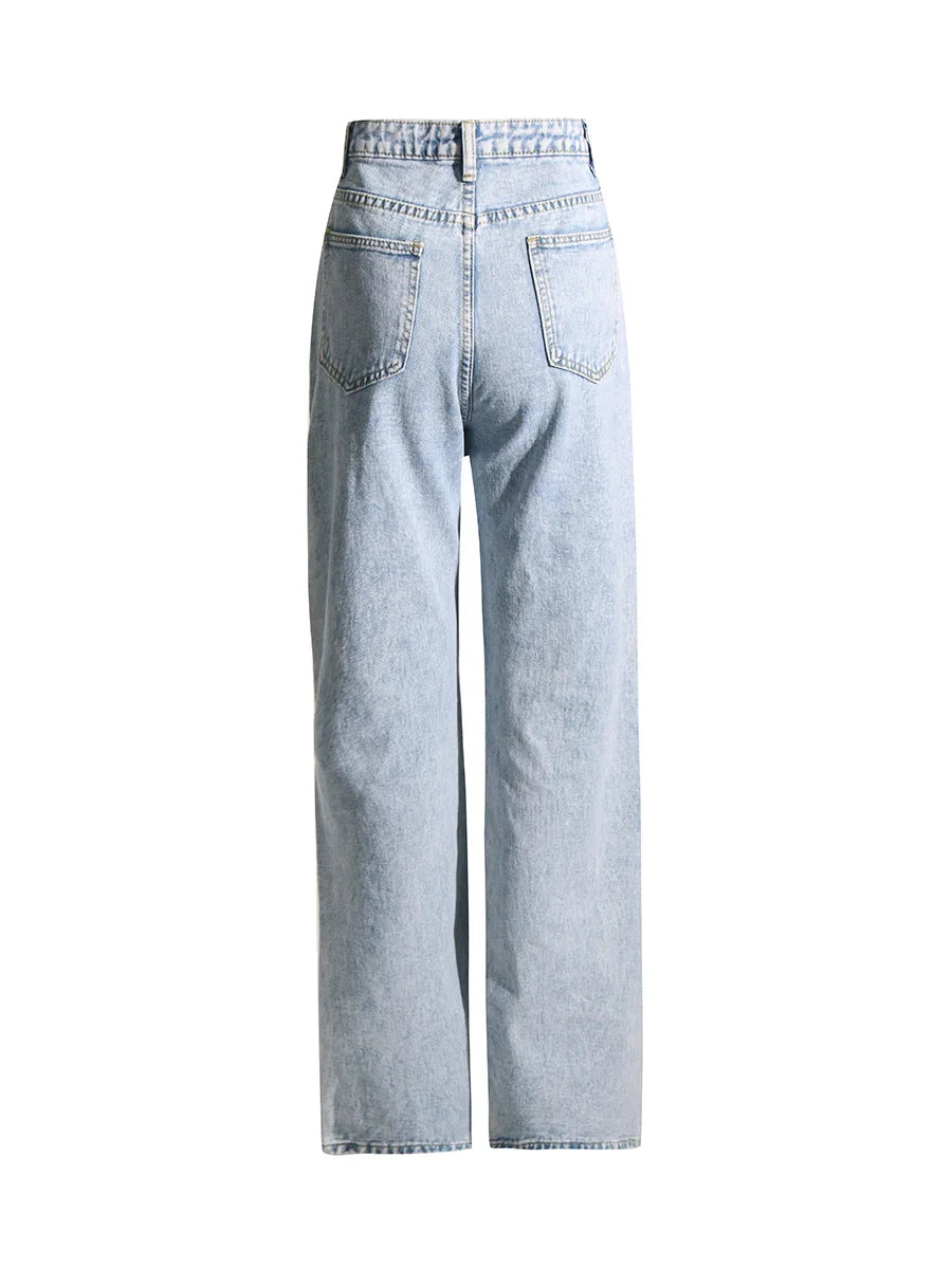 UNIKCOSA Women’s Vintage Washed Jeans – High-Waist Straight Denim with Hollow-Out Sun & Flower Print Design