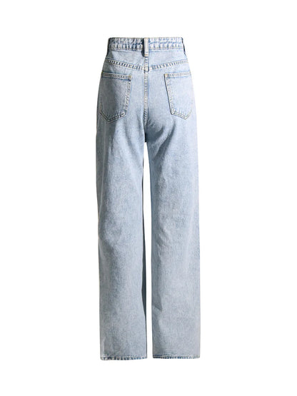 UNIKCOSA Women’s Vintage Washed Jeans – High-Waist Straight Denim with Hollow-Out Sun & Flower Print Design