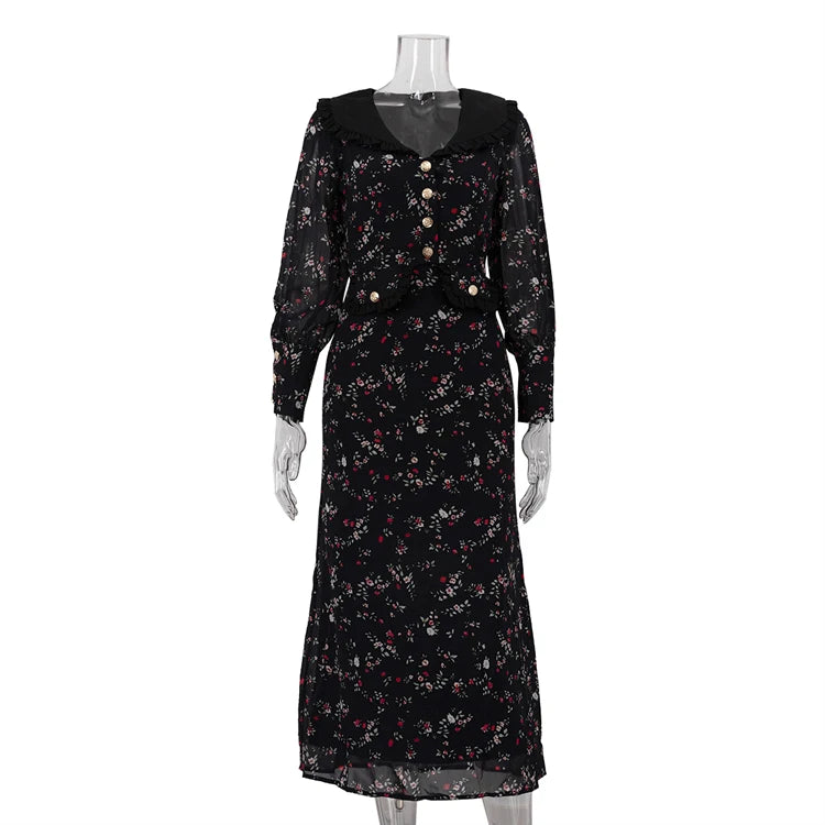 UNIKCOSA Women’s Black Floral Chiffon Dress – Peter Pan Collar Buttoned Long Sleeve Elegant Short Dress (Summer/Autumn 2025 Edition)